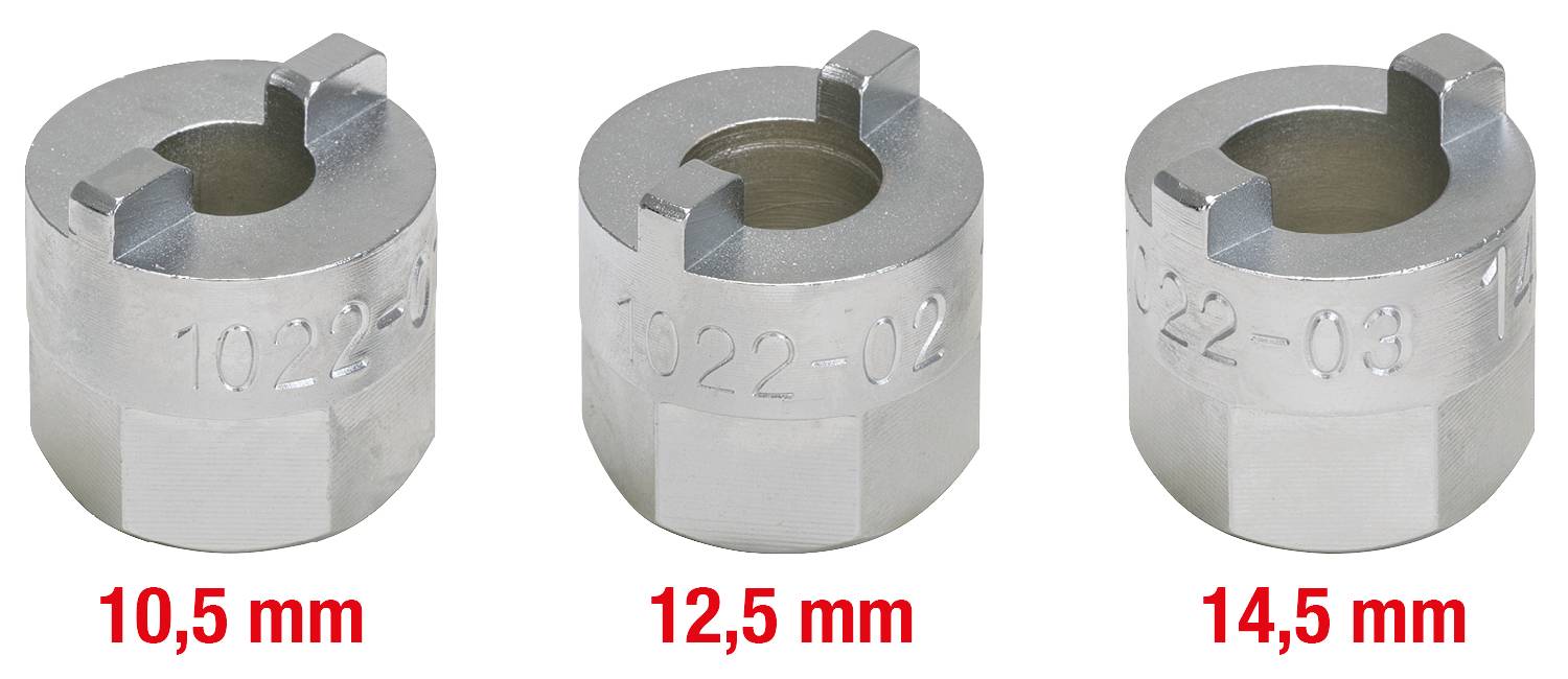 Tři kovové adaptéry s různými průměry (10,5 mm, 12,5 mm, 14,5 mm) vedle sebe, zleva doprava.