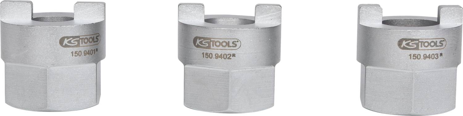 Tři stříbrné klíče s šestihrannou hlavou a označením 'KS Tools 150.9400', '150.9402', '150.9403', na bílém pozadí.