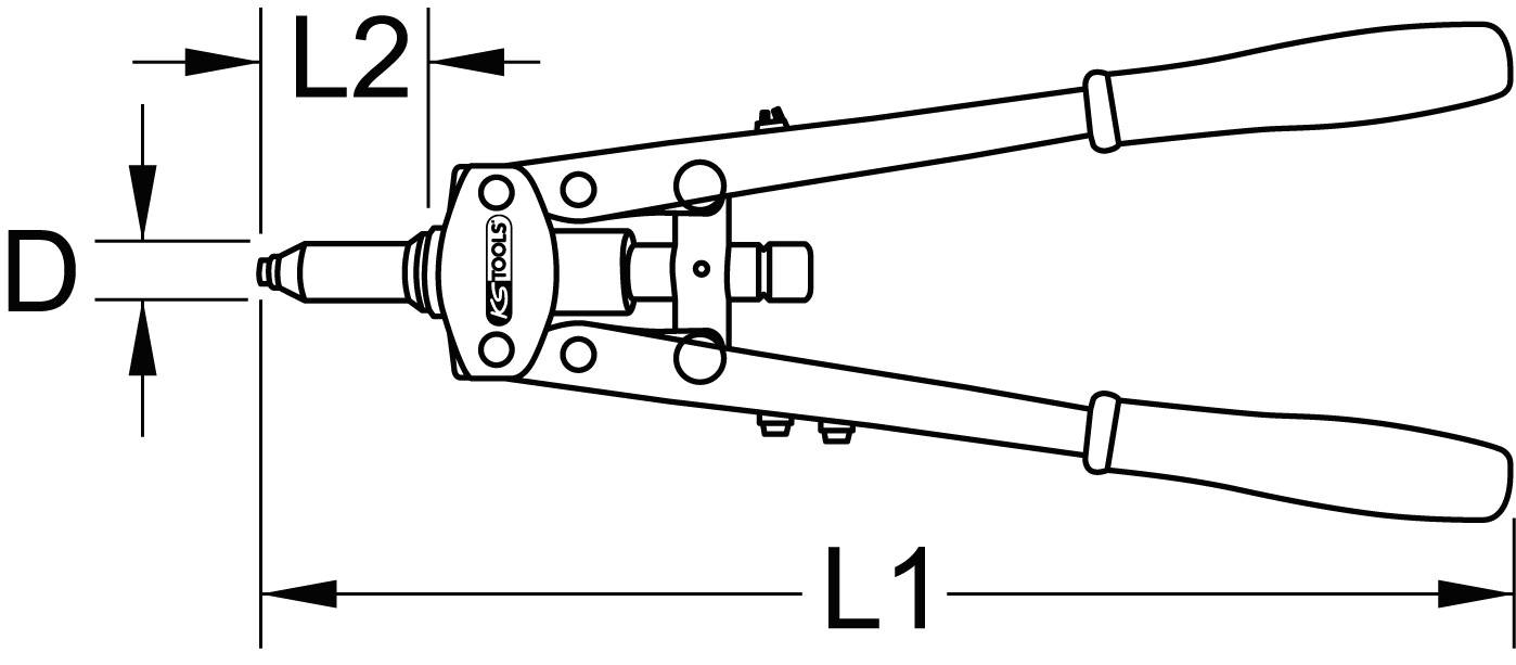 Diagram kleští na nýtování se dvěma rukojeti, označený D, L1 a L2, měřící vzdálenosti a délky.