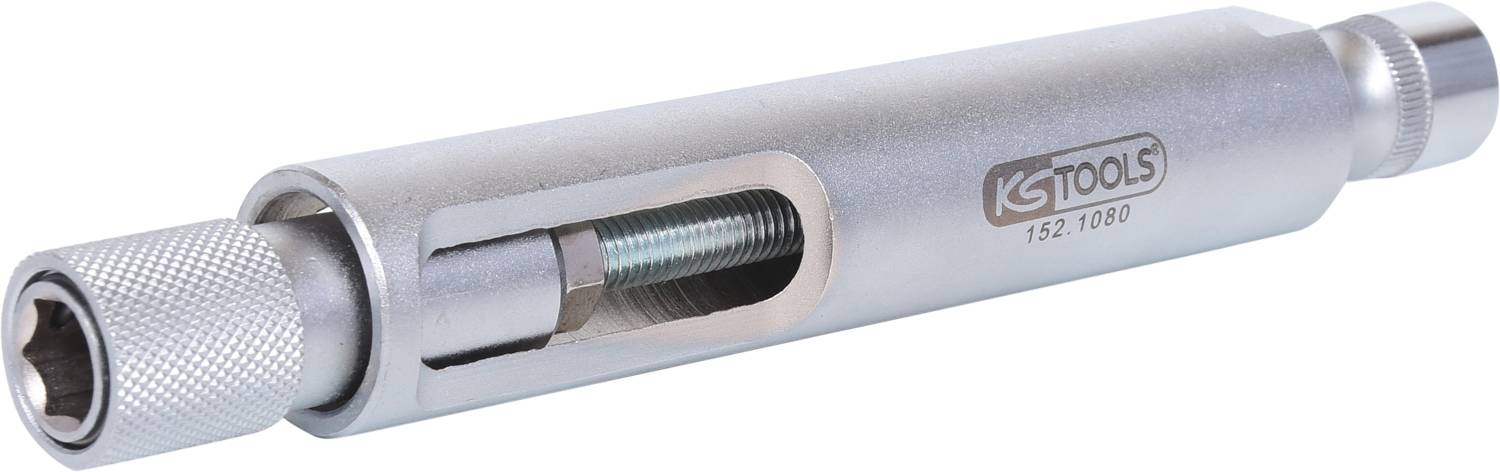 Nástroj s šestihranným uchycením pohonu vlevo a vnějším závitem vpravo, který odhaluje mechanismus uvnitř.