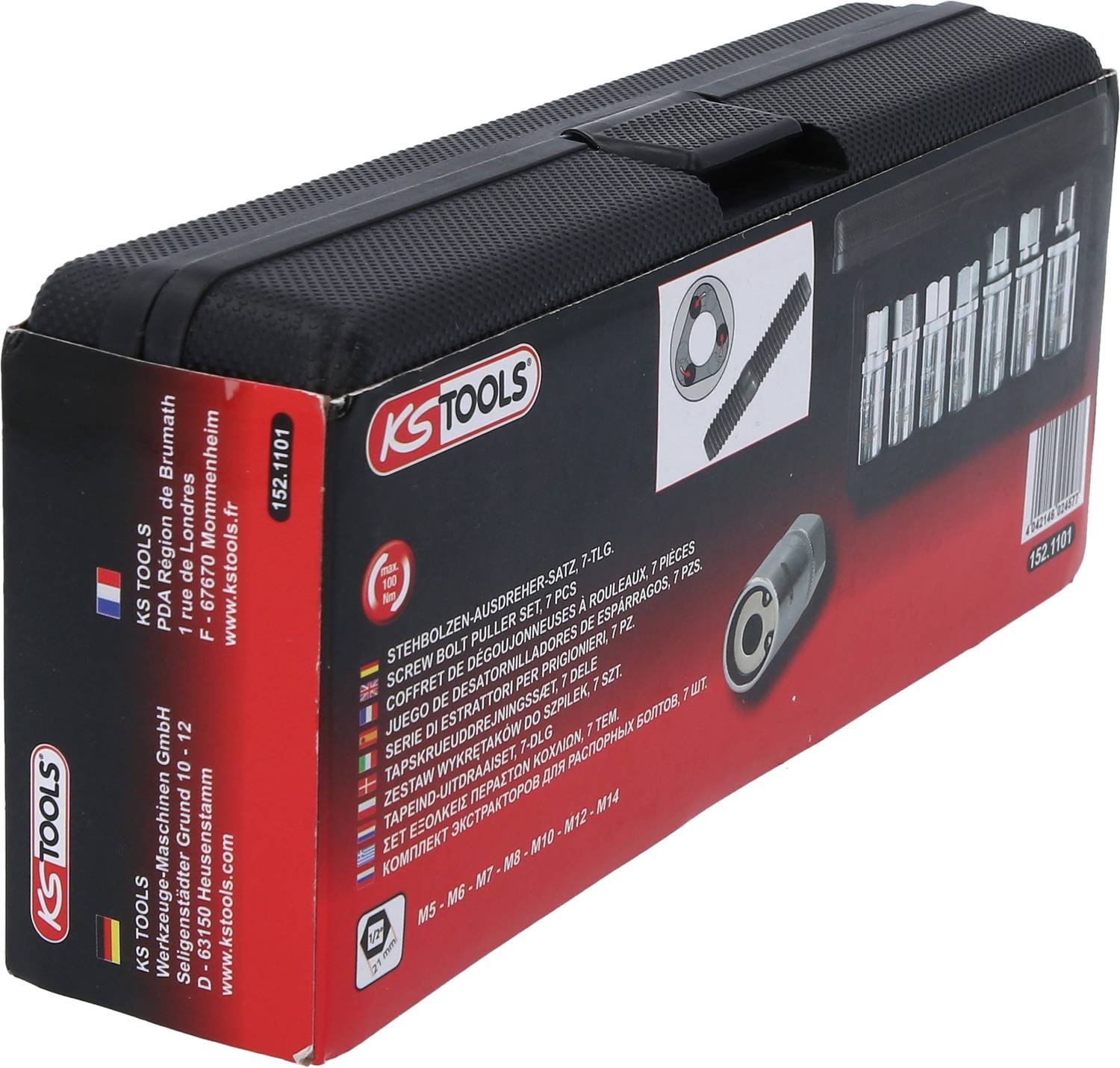 Červená nářaďová skříň s logem 'KS Tools' obsahuje různé nástroje. Na krabici je schematické znázornění jejího obsahu.