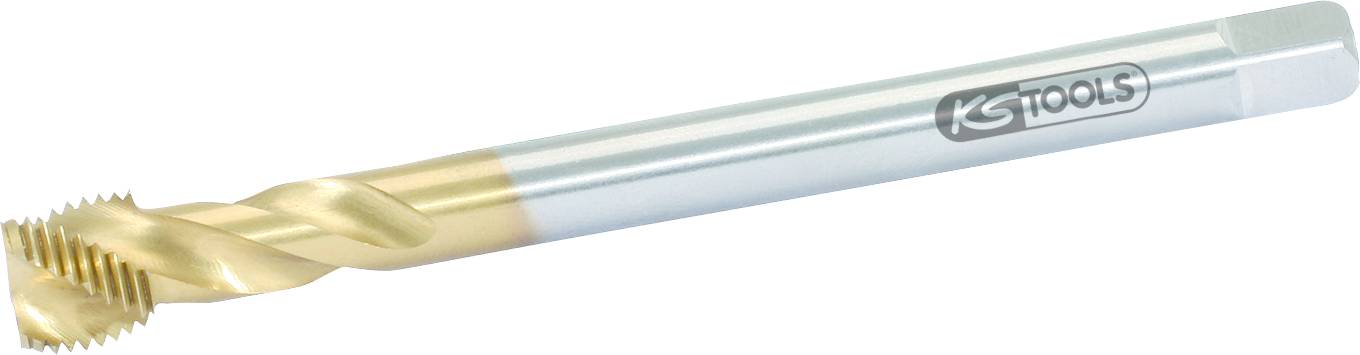 Kovový závitník se zlatým povrchem a stříbrnou rukojetí. Na rukojeti je vyobrazeno logo společnosti KS Tools.