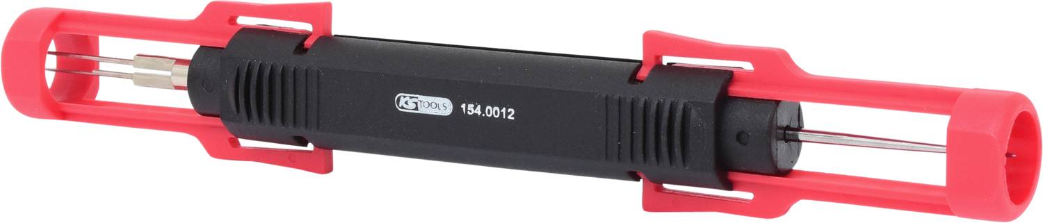 'Odběrový nástroj pro elektronické konektory, červeno-černý, s válcovými rukojeťmi a jemným kovovým hrotem.'