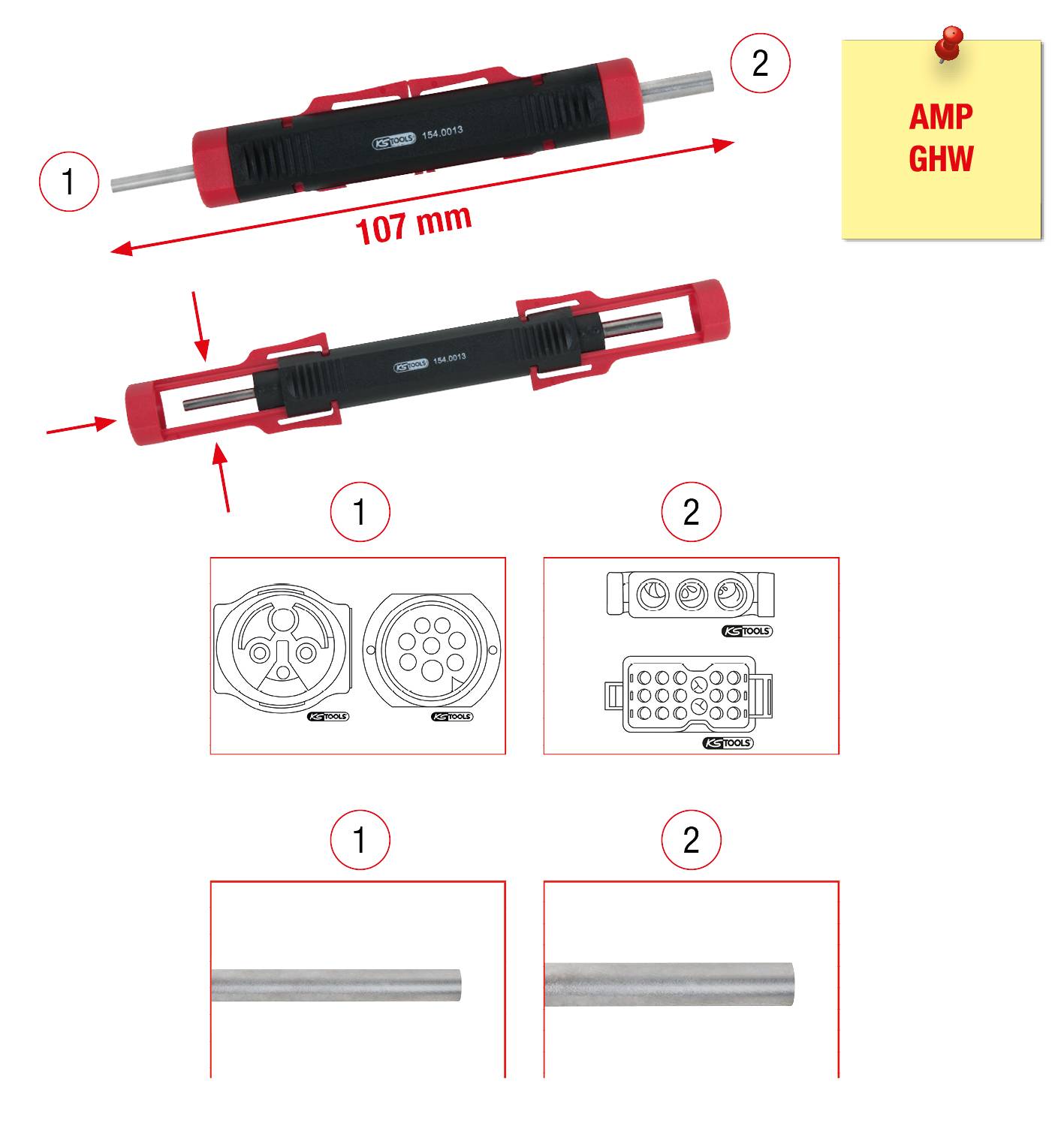 Nástroj pro demontáž kabelů, délka 107 mm, se dvěma různými konci. Diagramy ukazují vhodné kabelové přípojky. Poznámka: 'AMP GHW'.