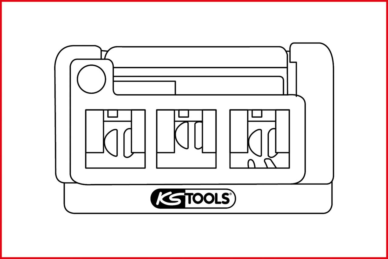Technický náčrt ukazuje obdélníkový adaptér se třemi konektory, označený štítkem "KS TOOLS".