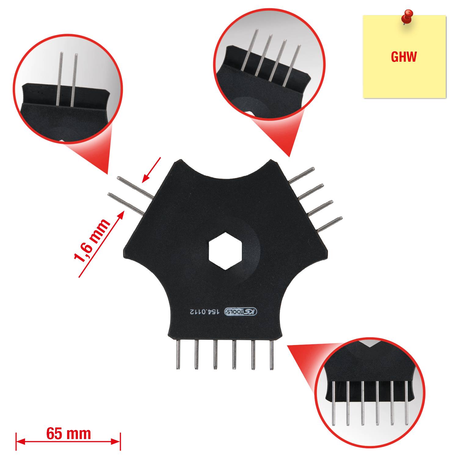 Černá šestihranná elektronická součástka s kovovými vývody, široká 65 mm a tlustá 1,6 mm, označená nápisem 'GHW'.