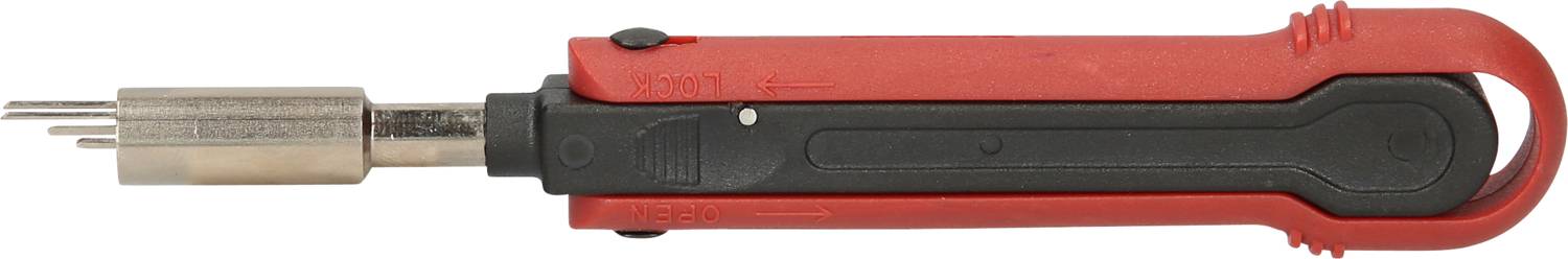 Červené a černé instalační nástroj LSA-Plus s kovovým hrotem, používaný pro instalaci síťových kabelů.