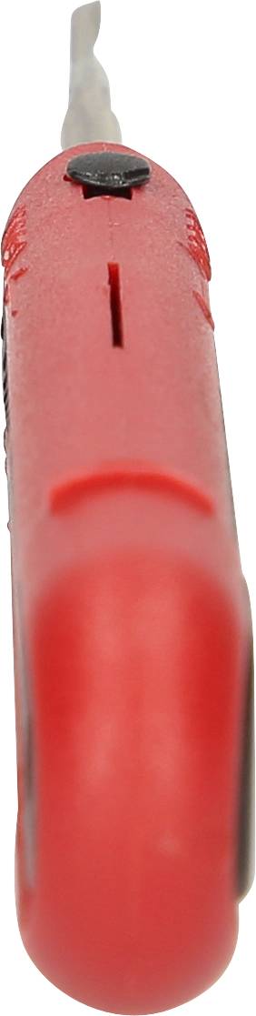 Červený bezpečnostní nůž s výsuvnou čepelí, boční pohled. Primárně používaný pro otevírání krabic a obalů.
