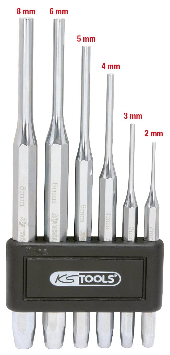 Sada šesti šestihranných imbusových klíčů v různých velikostech od 2 mm do 8 mm, uložená v černém držáku s logem KS Tools.