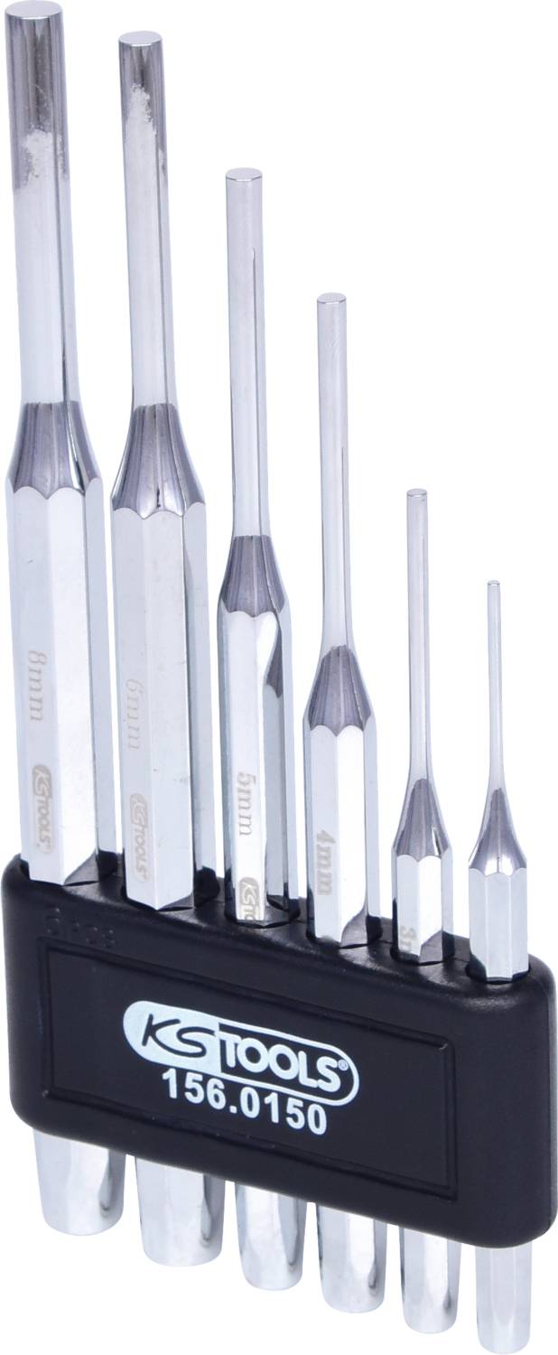 Sada dlátek s různými velikostmi, upevněná na černém plastovém držáku 'KS TOOLS 156.0150'.