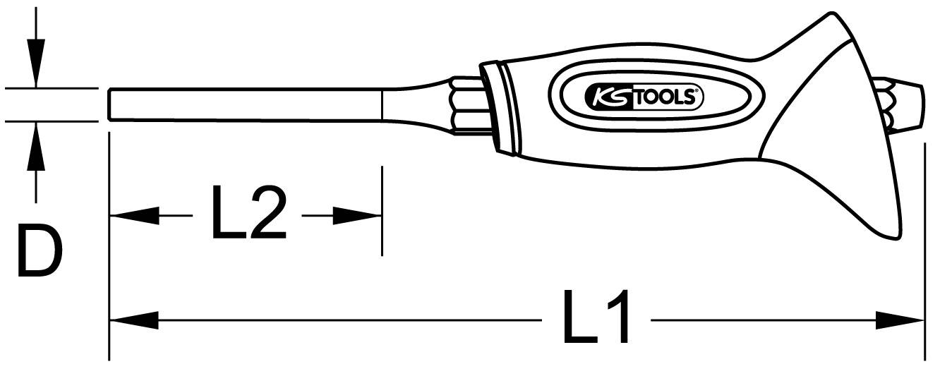 Šroubovák 'KS Tools' s rozměry D, L1, L2.