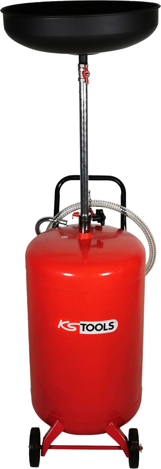 Červený olejový sběrný vozík s černým sběrným trychtýřem nahoře, stojící na kolečkách.