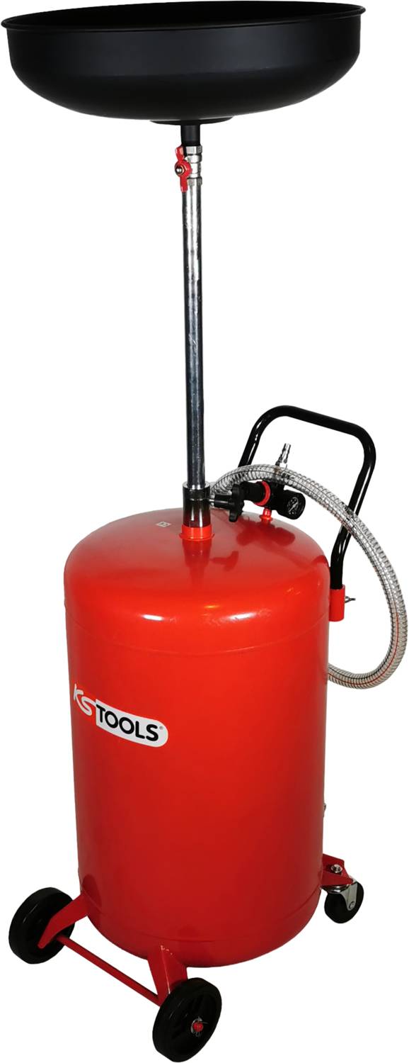 Mobilní kovový sběrný vozík na olej, červený, s velkým sběrným kontejnerem a flexibilní výpustní hadicí na kolečkách pro použití v dílně.