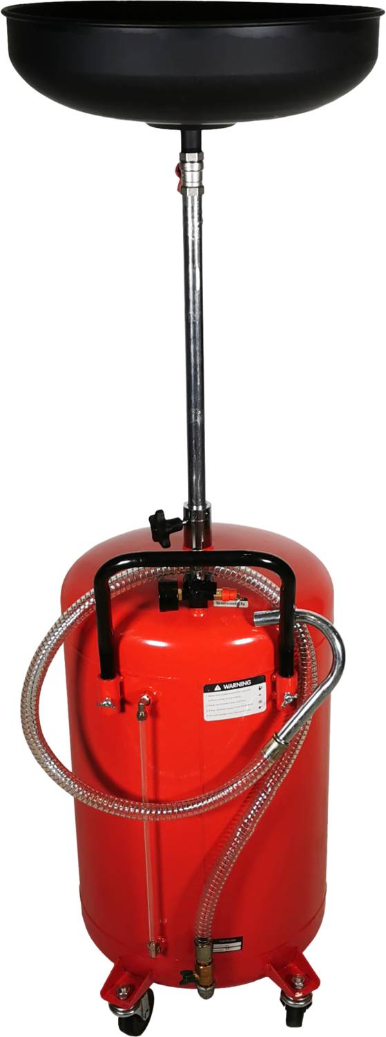 Červený olejový sběrný vozík s lapacím trychtýřem a hadicí, namontovaný na kolečkách, určený pro údržbářské práce v dílnách.