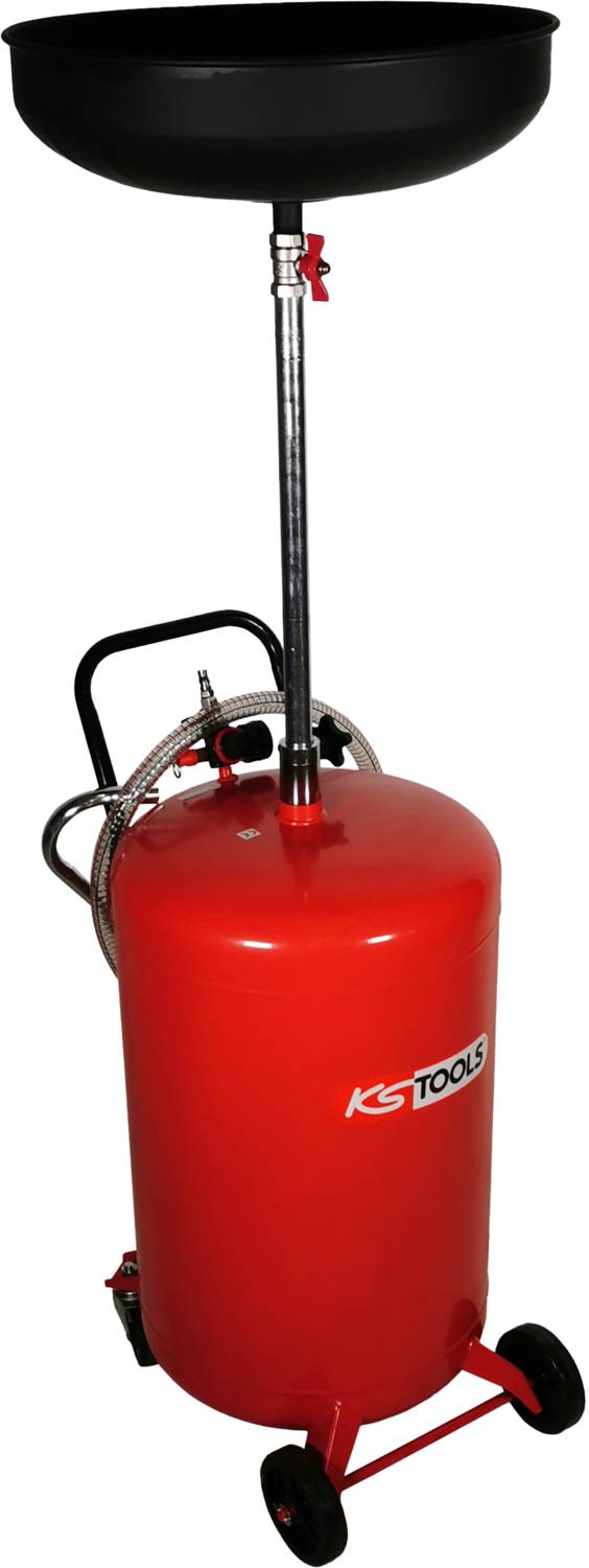 Mobilní sběrný vozík na olej s červenou nádrží, černou sběrnou vanou a koly. Vhodný pro sběr použitého oleje z vozidel.