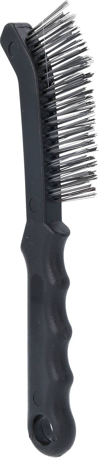 Černý kartáč na srst zvířat s ergonomickou rukojetí a kovovými štětinami, vhodný pro péči o srst psů a koček.