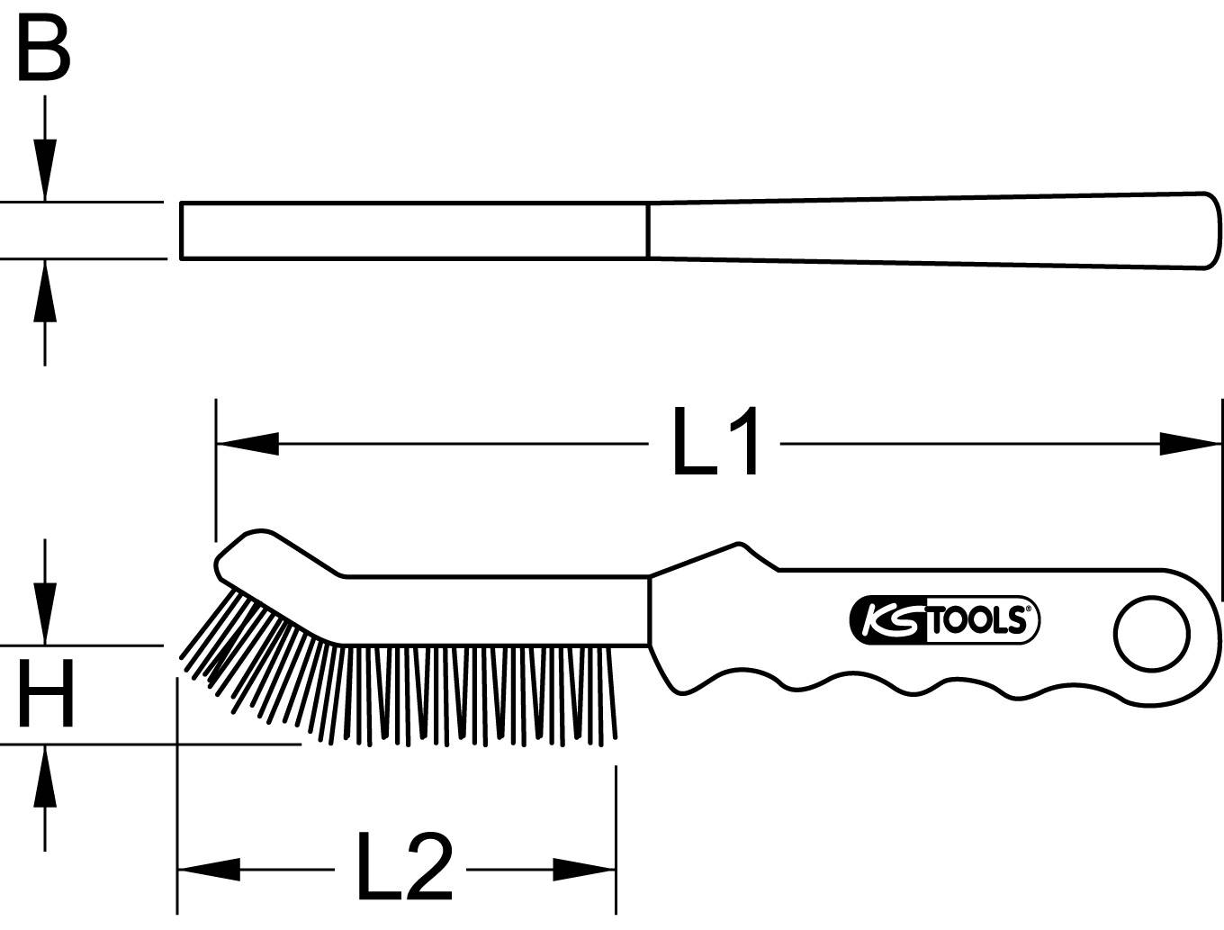 Technický výkres kartáče 'KS TOOLS': znázorňuje hlavu kartáče s úhly B, H a L (L1, L2) pro ilustraci rozměrů.