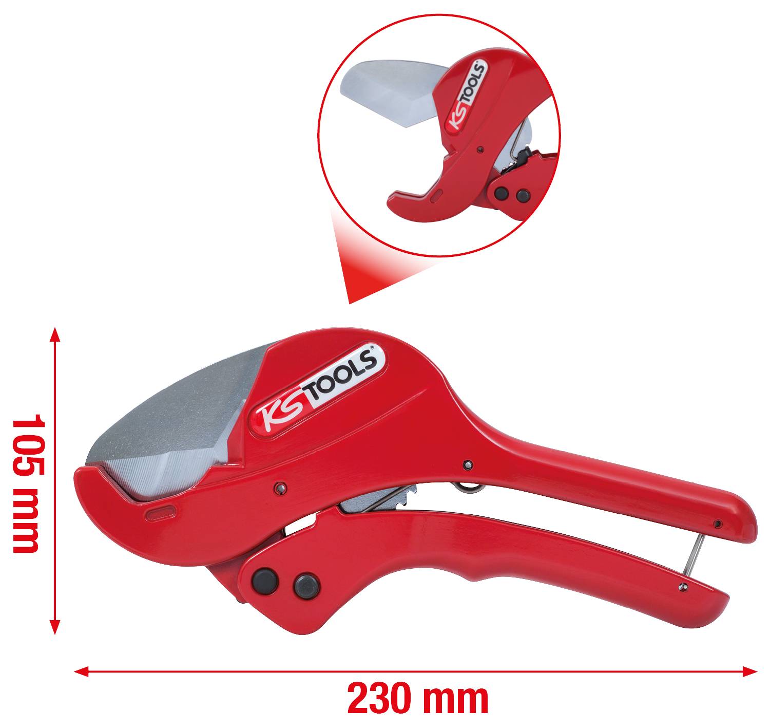 Červené kleště na řezání trubek s logem 'KS Tools', délka 230 mm, výška 105 mm. Detailní pohled na řezací oblast v pravém horním rohu.