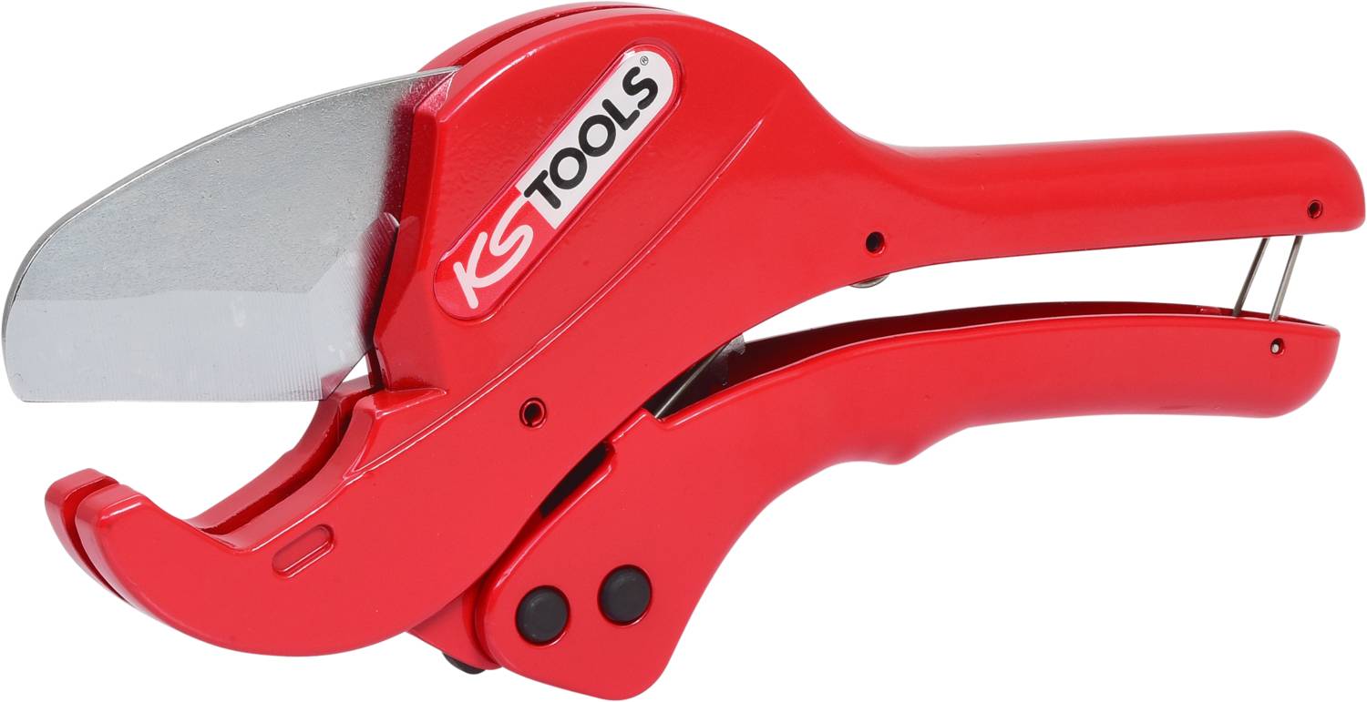 Červené trubkové nůžky se stříbrnou čepelí, označené "KS Tools". Nástroj určený k řezání trubek nebo hadičkového materiálu.