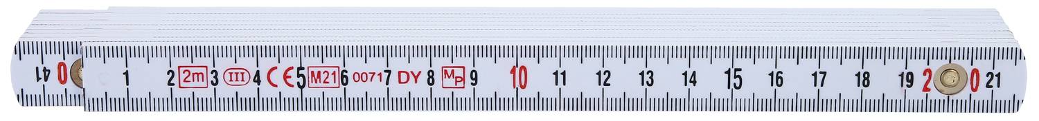 Bílý skládací metr s černými značkami a červenými čísly od 1 do 20 cm pro měření délky.