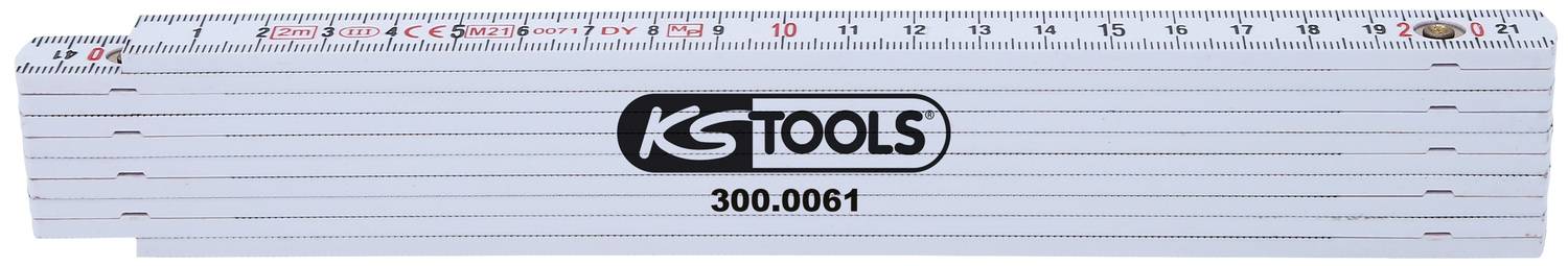 Skládací metr s nápisem 'KS Tools 300.0061', rozložený a s měřítkem od 1 do 50 cm, je zobrazen horizontálně.