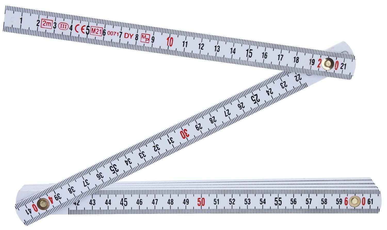 Rozložený skládací metr s vyznačenými centimetry a milimetry. Je rozdělen na několik segmentů a zobrazuje čísla od 1 do 100.