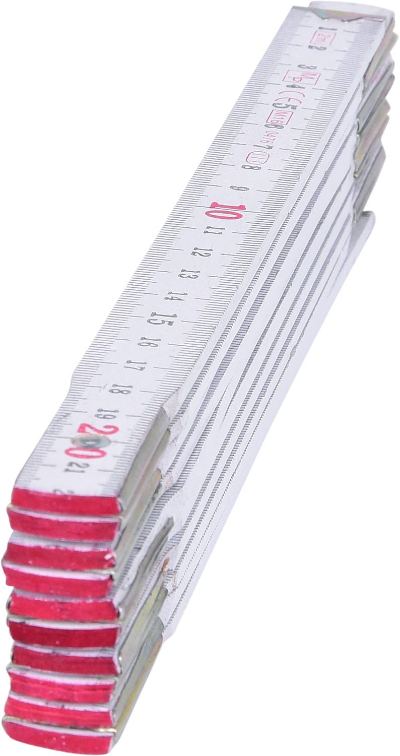 Skládací kovový metr, rozložený do délky 20 cm. Červené značky označují centimetrové intervaly.