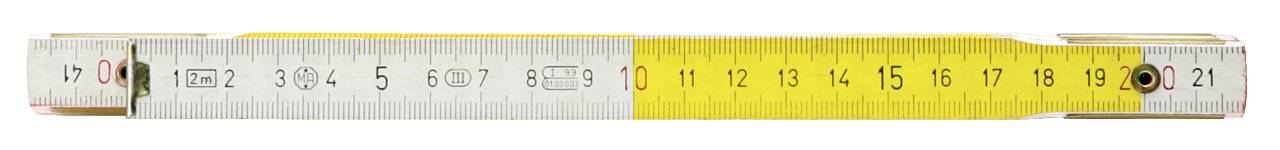 Rozvinutý žlutý měřicí pásek. Úsek 1 zobrazuje metrické jednotky do 17 cm. Úsek 2 zobrazuje centimetry od 11 do 21 zvýrazněné červeně.