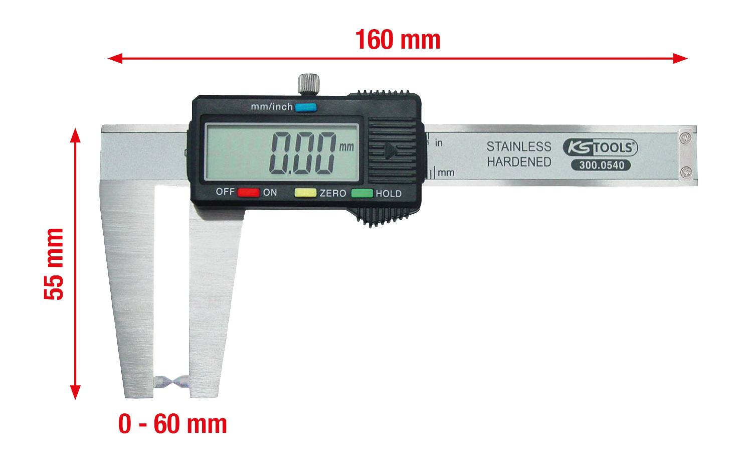Digitální posuvné měřítko, rozsah měření 0–60 mm, celková délka 160 mm, výška 55 mm. Displej ukazuje '0.00 mm'. Značka 'KS Tools'.