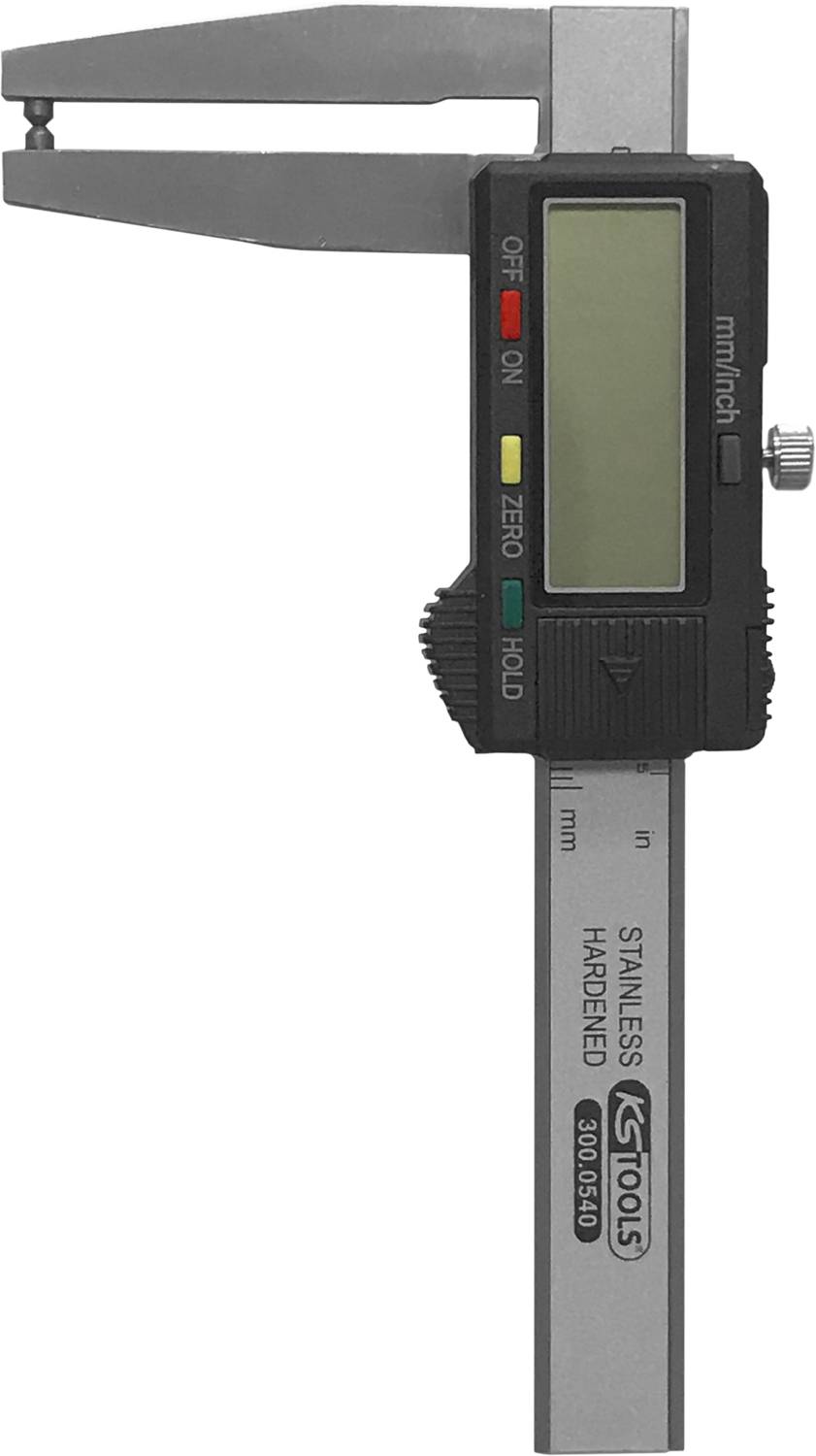 Digitální posuvné měřítko s LCD displejem, rozsah měření v milimetrech, nerezová ocel, ve stavu zapnutém.