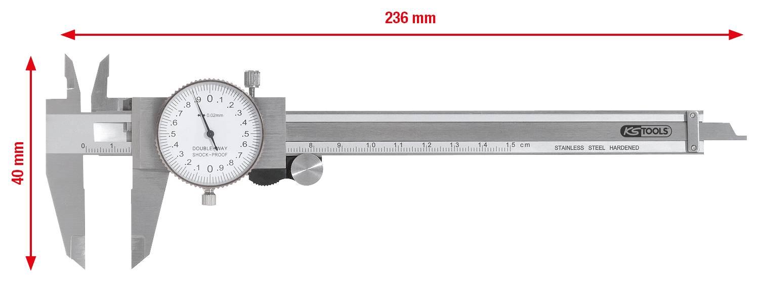 Posuvné měřítko (délka: 236 mm, výška: 40 mm) z nerezové oceli s číselníkovým displejem a měřicí stupnicí podél posuvného ramene.