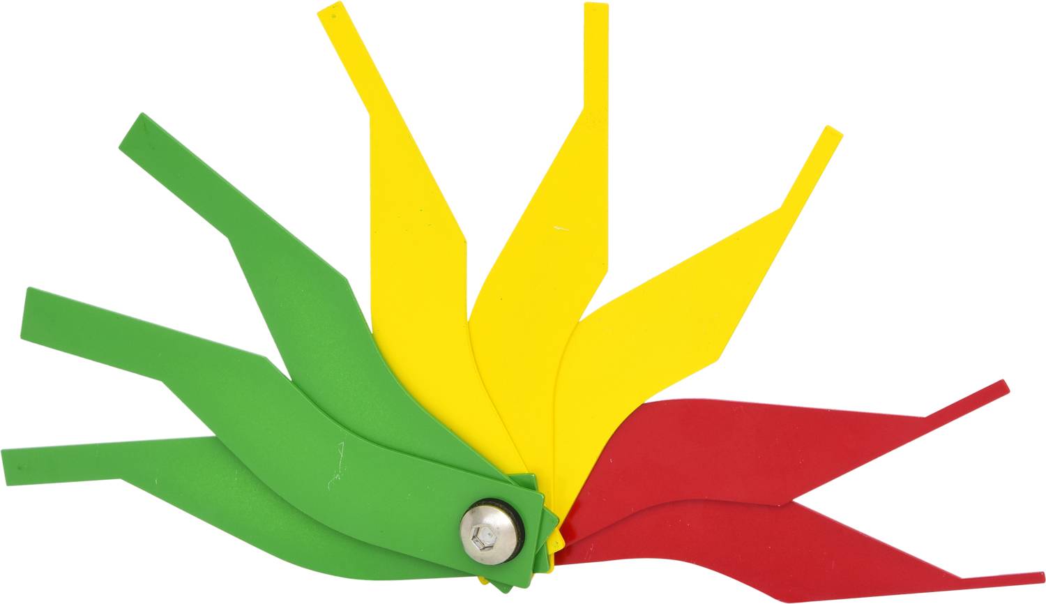 Vícebarevné, plastové šablony v červené, žluté a zelené barvě, uspořádané vějířovitým způsobem.