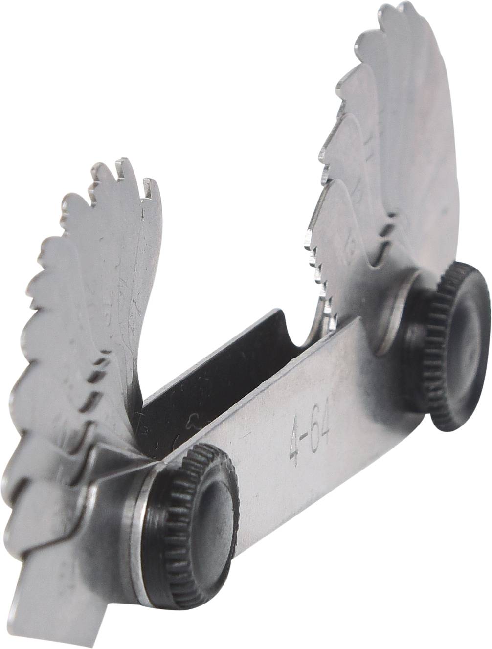 Sada kovových měrek pro kontrolu ozubení sestávající z několika vějířovitě uspořádaných listů různých velikostí, určená pro měření profilů ozubených kol.