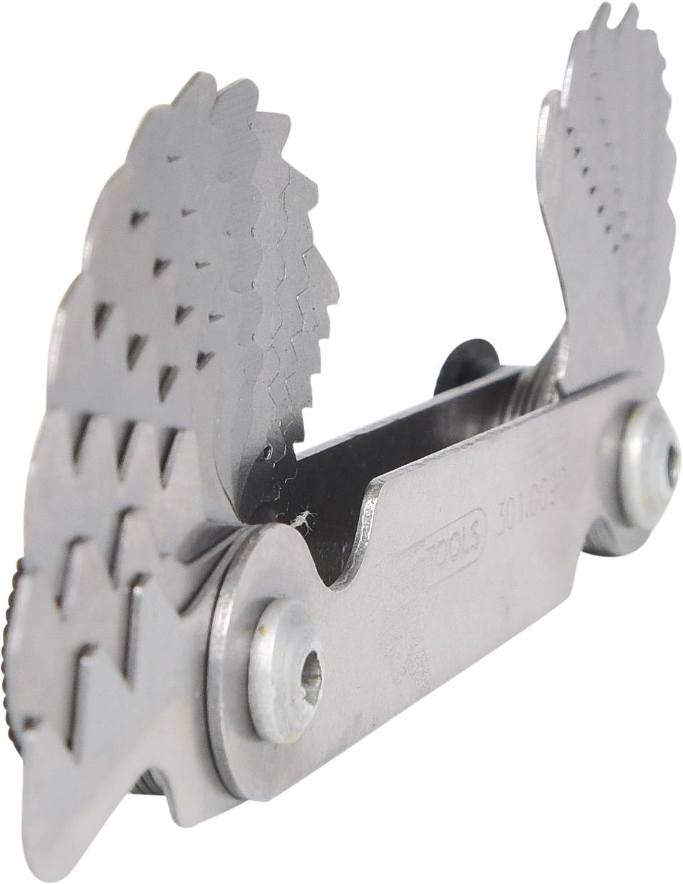 Kovový nástroj s kloubovitými, opeřenými křídly, pravděpodobně měřicí přístroj pro měření profilů nebo závitů.