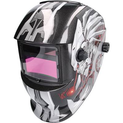 Černá svářečská helma s futuristickým technickým designem a automatickým stmíváním.