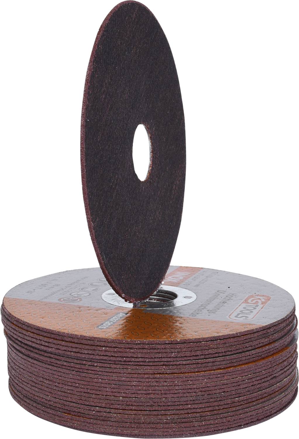 Hromádka kulatých brusných kotoučů, jeden stojící vzpřímeně. Hnědý povrch s otvorem uprostřed. Vhodné pro brusky.