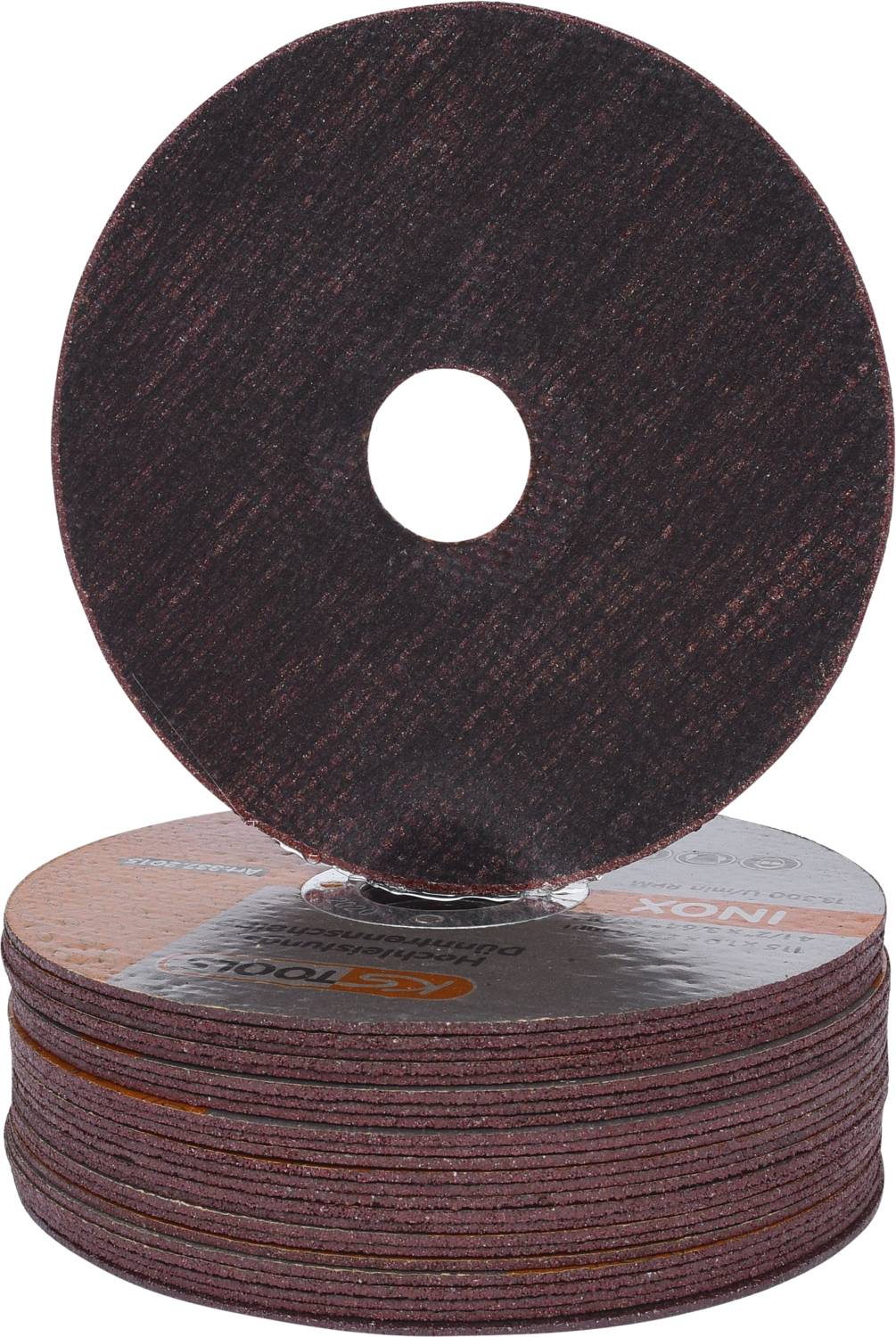 Hromada hnědých brusných kotoučů s otvorem uprostřed, některé stojící svisle. Ideální pro broušení kovů nebo úpravu povrchů.