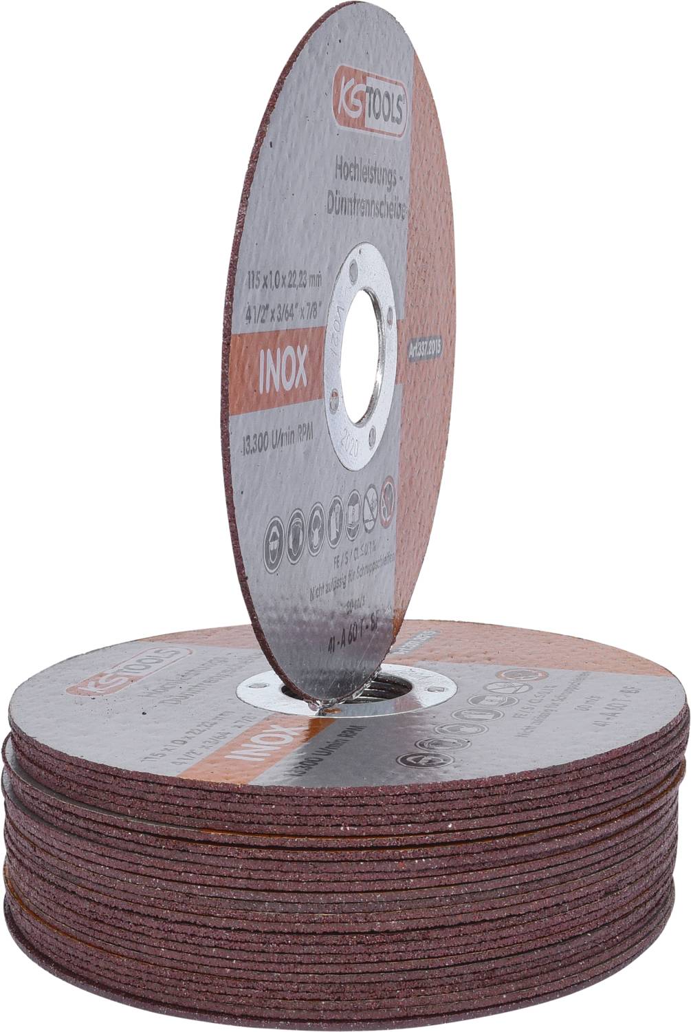 Hromádka brusných kotoučů značky KS Tools, s jedním zvýrazněným kotoučem. Na kotouči je nápis „INOX", vhodný pro obrábění kovu.