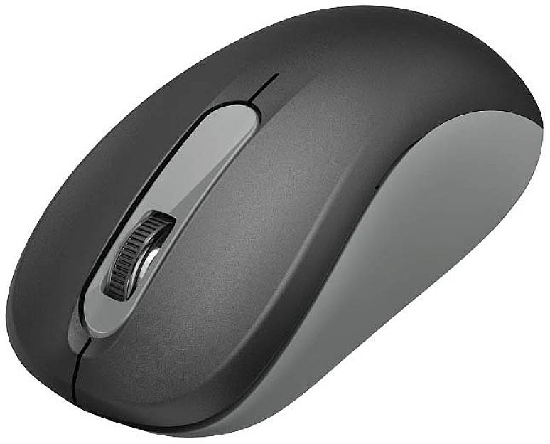 Bezdrátová ergonomická počítačová myš v černošedém provedení s kolečkem a dvěma tlačítky.