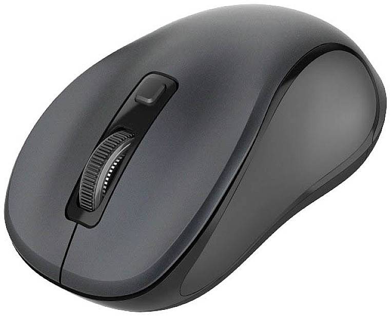 Černá bezdrátová počítačová myš s ergonomickým designem a kolečkem uprostřed. Ideální pro použití v kanceláři i doma.