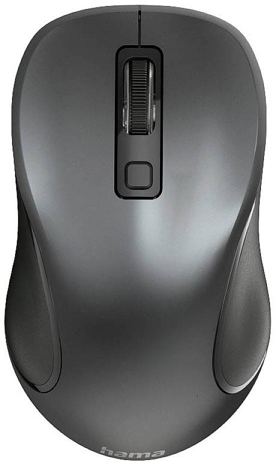 Černá bezdrátová počítačová myš s kolečkem uprostřed a hladkým, ergonomickým tvarem.