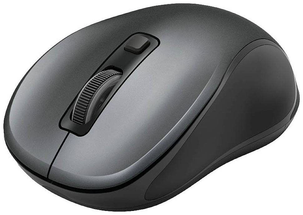 Bezdrátová černá počítačová myš s rolovacím kolečkem a dvěma tlačítky, ergonomický design pro pohodlné ovládání.
