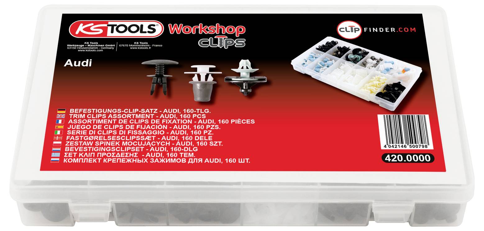 KSTools 'Workshop Clips' Sortiment klipů Audi v plastovém úložném boxu, zobrazující různorodé spojovací prvky a čárový kód.