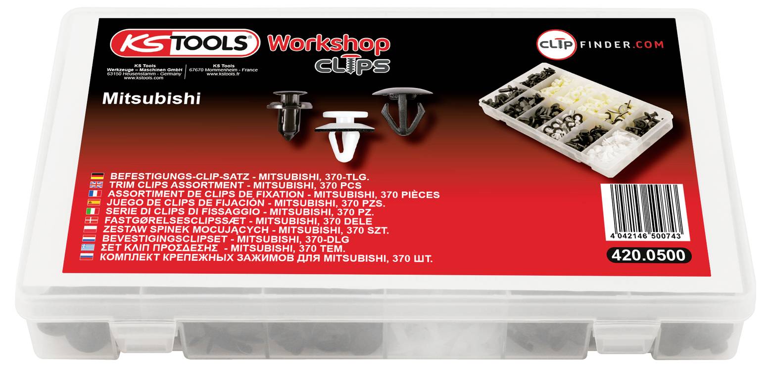 Plastová sada KS Tools Workshop Clips pro upevňovací prvky obložení Mitsubishi, označená "370 kusů" a číslo součásti 420.0500.