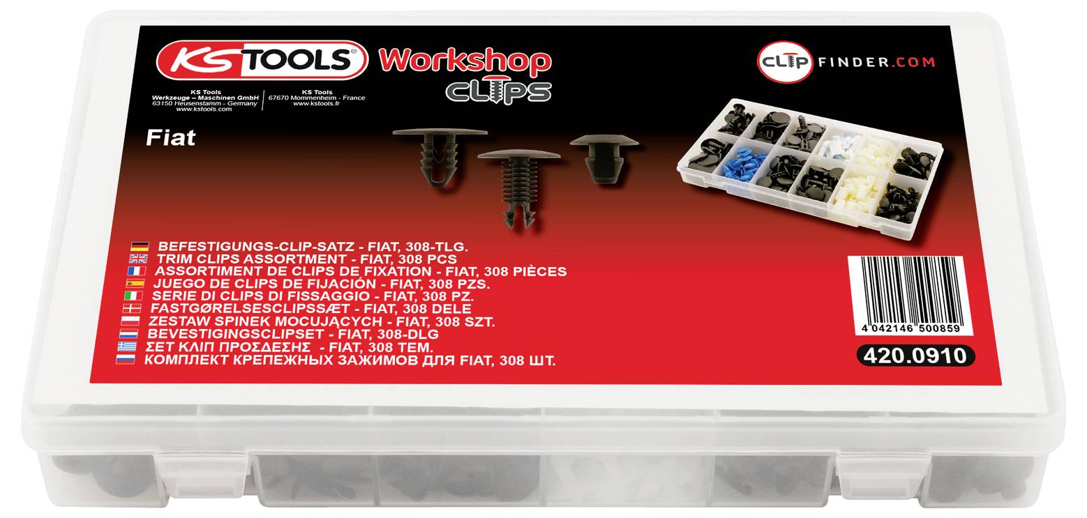 Plastový kufr KSTools 'Workshop Clips' pro Fiat, s asortovanými ořezovými spoji a štítkem součástek se štríchkódem a číslem položky 420.0910.