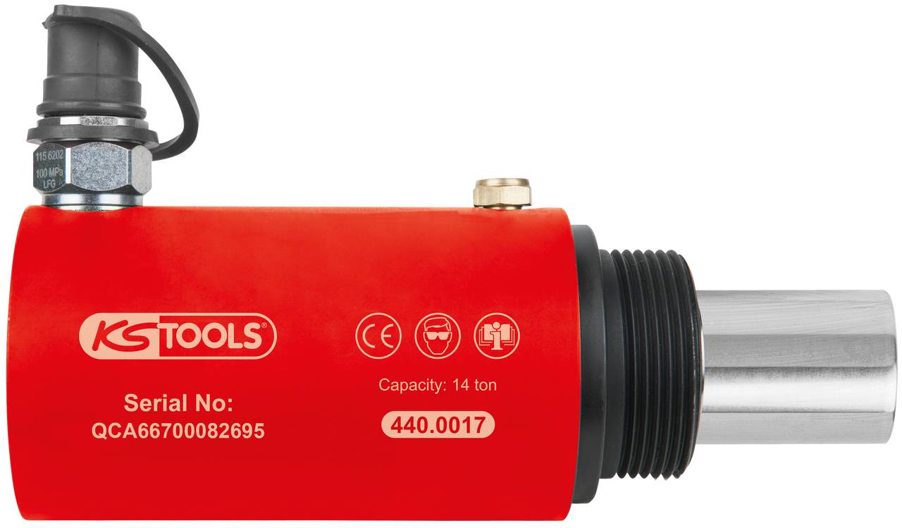 Červený hydraulický válec od KS Tools s kapacitou 14 tun. Sériové číslo: QCA66700082695.