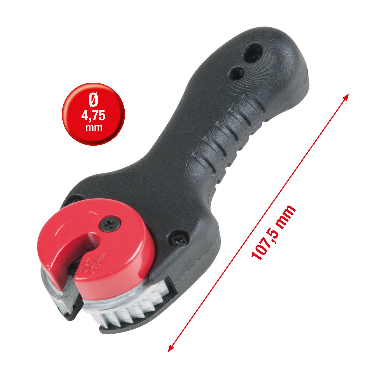 Řezací nástroj s černou rukojetí a červenou hlavou, označený průměrem 4,75 mm a délkou 107,5 mm.