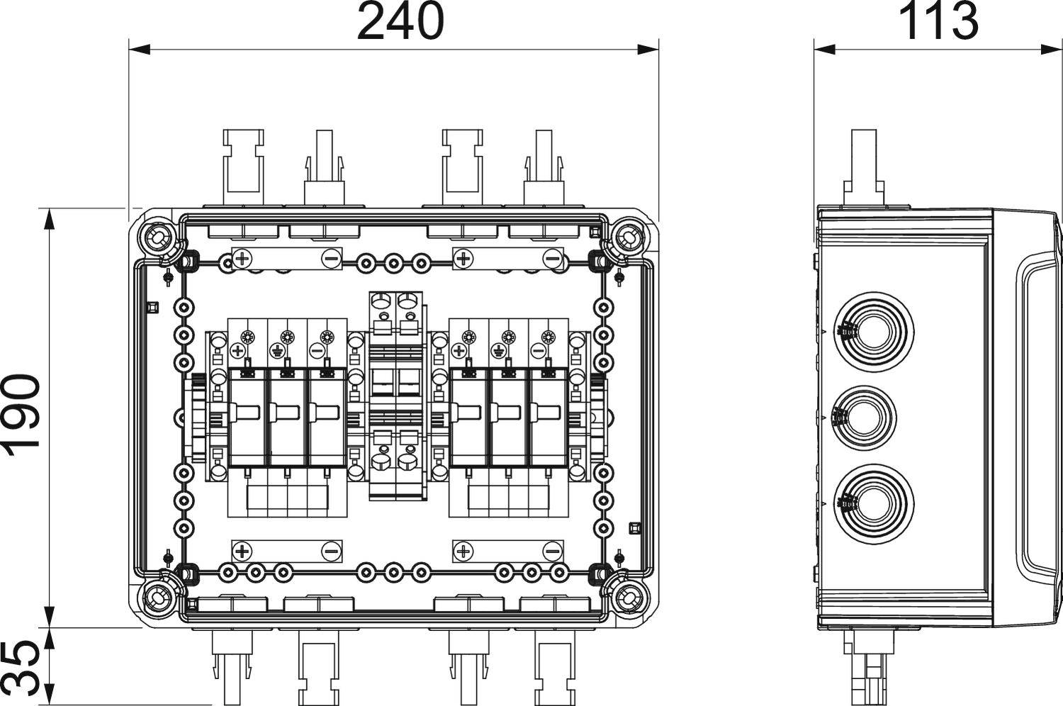 Elektrický rozváděč, přední a boční pohled s rozměry: 240 mm × 190 mm a hloubka 113 mm. Zobrazuje vnitřní detaily elektrického zapojení.
