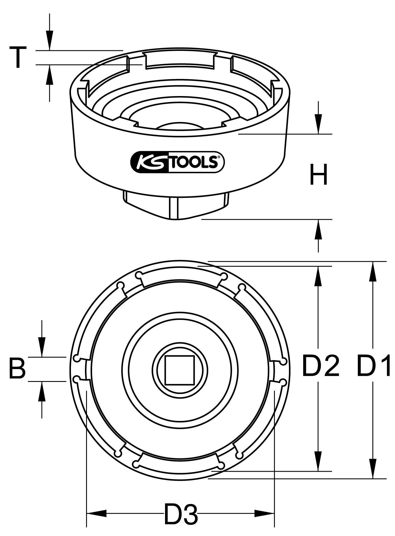 Technický výkres hlavy nástroje od 'KS Tools'. Zobrazuje boční a horní pohled s rozměry: T, H, Š, D1, D2, D3.