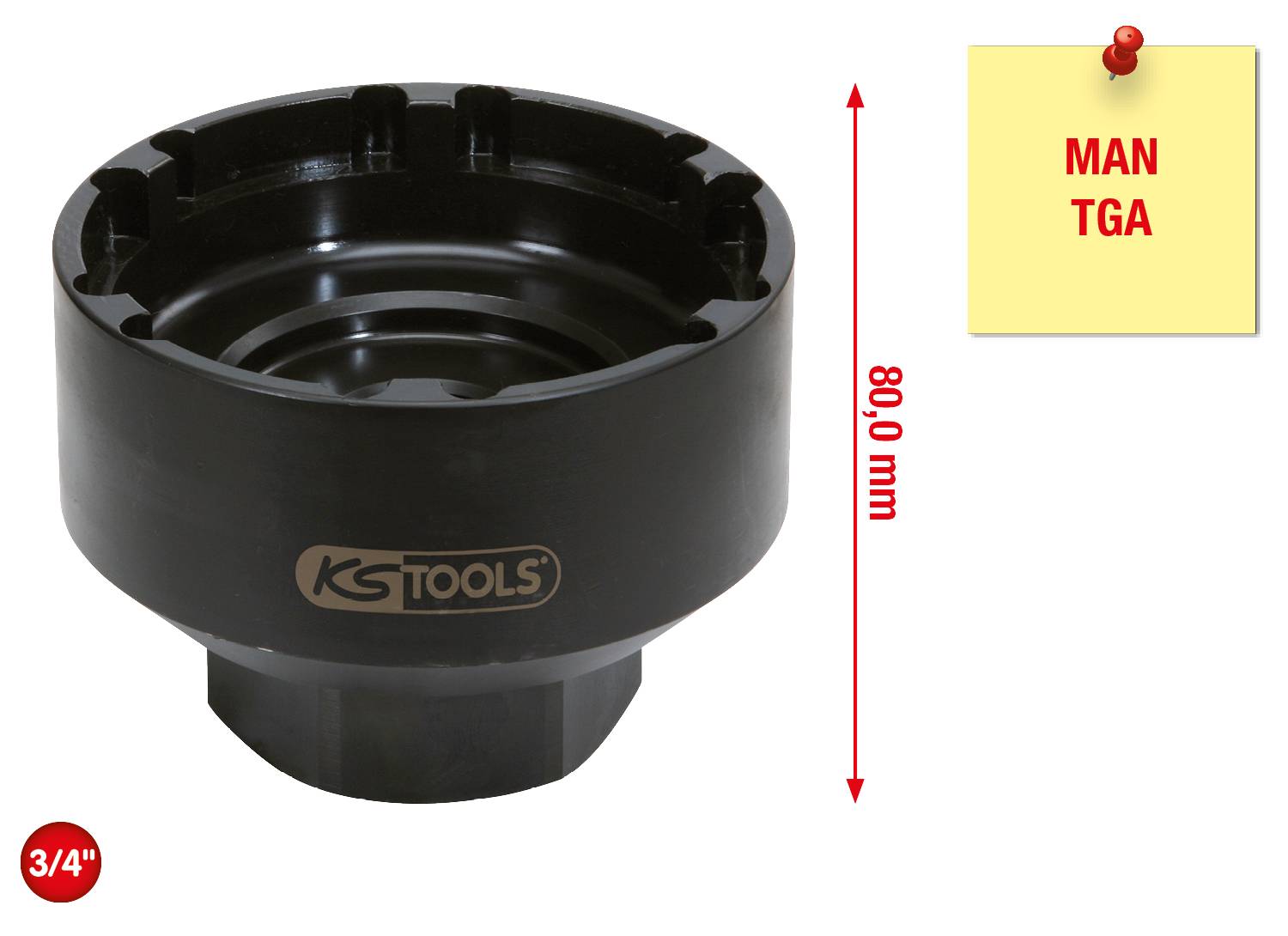 Černý nástroj KS Tools s nápisem 'KS TOOLS', průměr 80,0 mm, používaný pro nákladní vozidla MAN TGA.